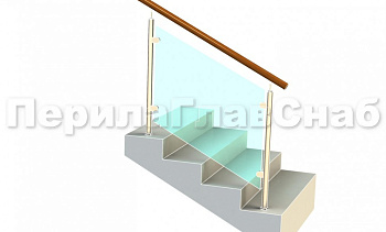 Ограждение с деревянным поручнем с зажимными стеклодержателями и стойками в Омске. Готовые проекты ПерилаГлавСнаб