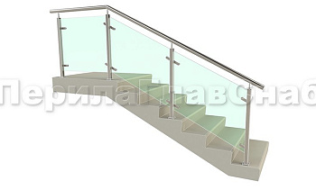 Ограждение лестницы с квадратными стойками и пластинчатыми стеклодержателями в Омске. Готовые проекты ПерилаГлавСнаб