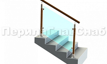 Ограждение с круглым деревянным поручнем с зажимными стеклодержателями и стойками с деревянными вставками в Омске. Готовые проекты ПерилаГлавСнаб